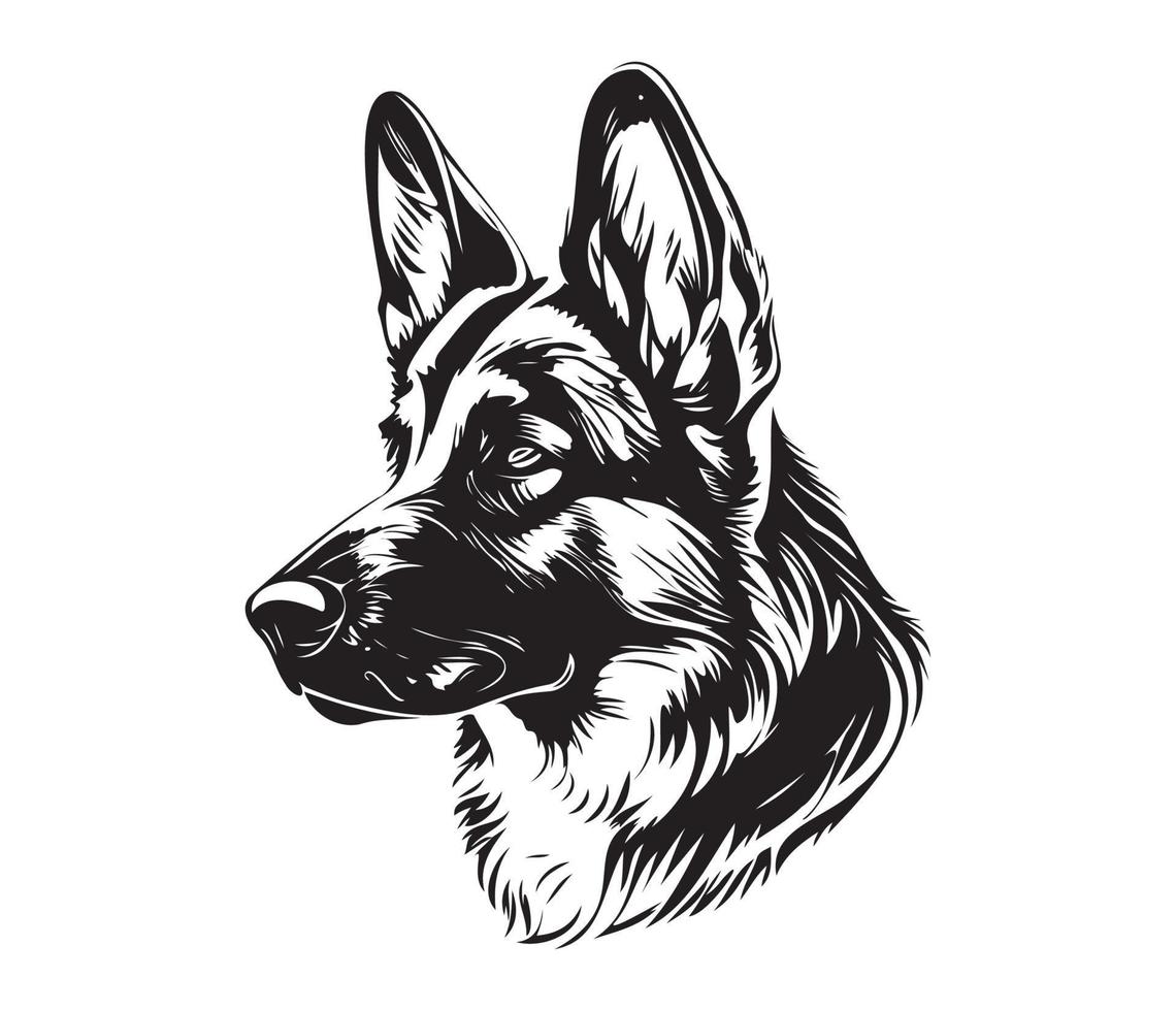 german shepherd Face, Silhouette Dog Face, black and white german shepherd vector