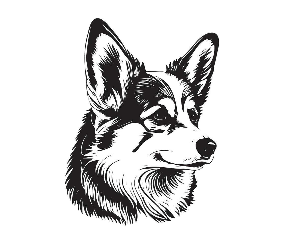 Pembroke Welsh Corgi Face, Silhouette Dog Face, black and white Pembroke Welsh Corgi vector