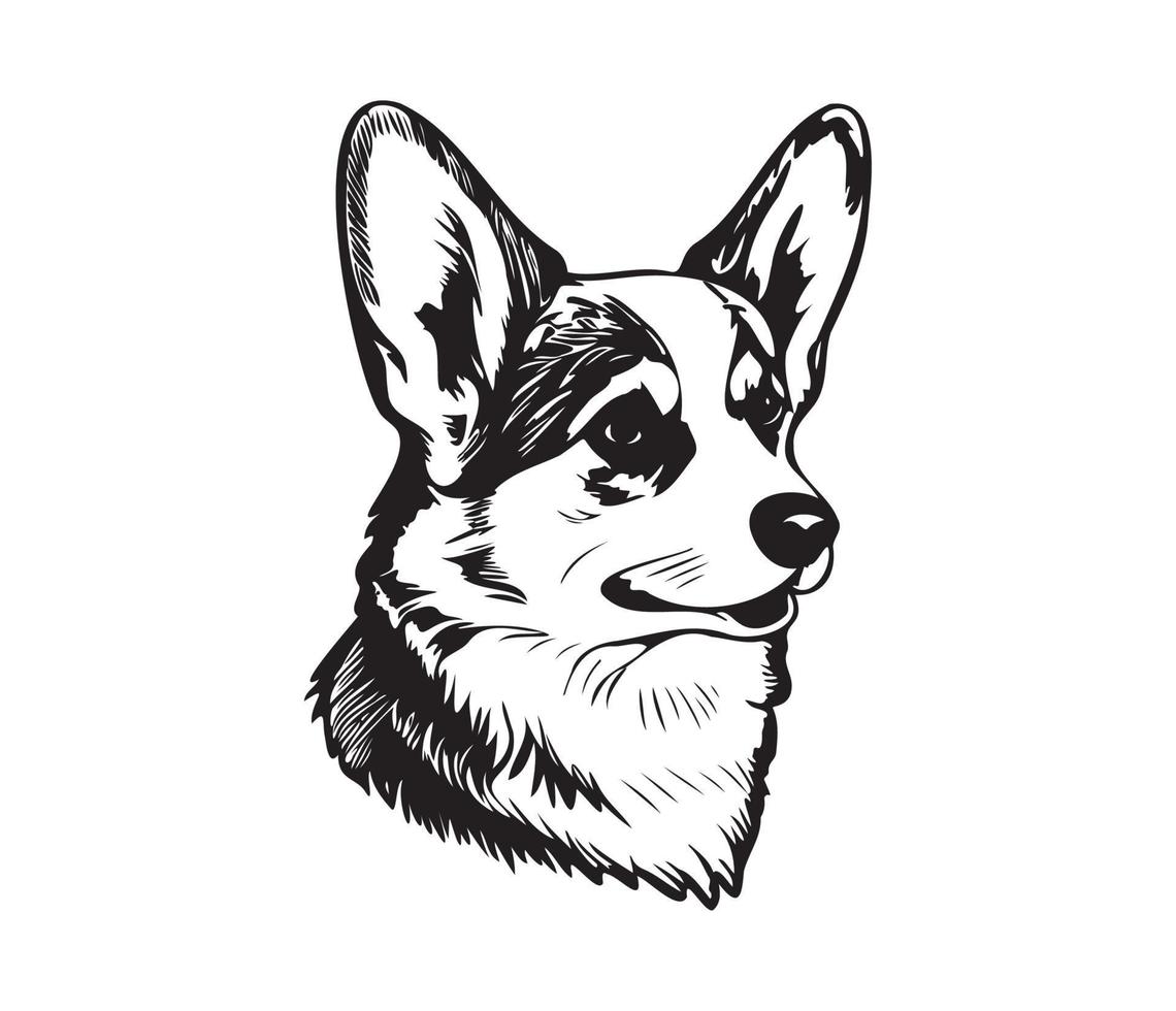 Pembroke Welsh Corgi Face, Silhouette Dog Face, black and white Pembroke Welsh Corgi vector