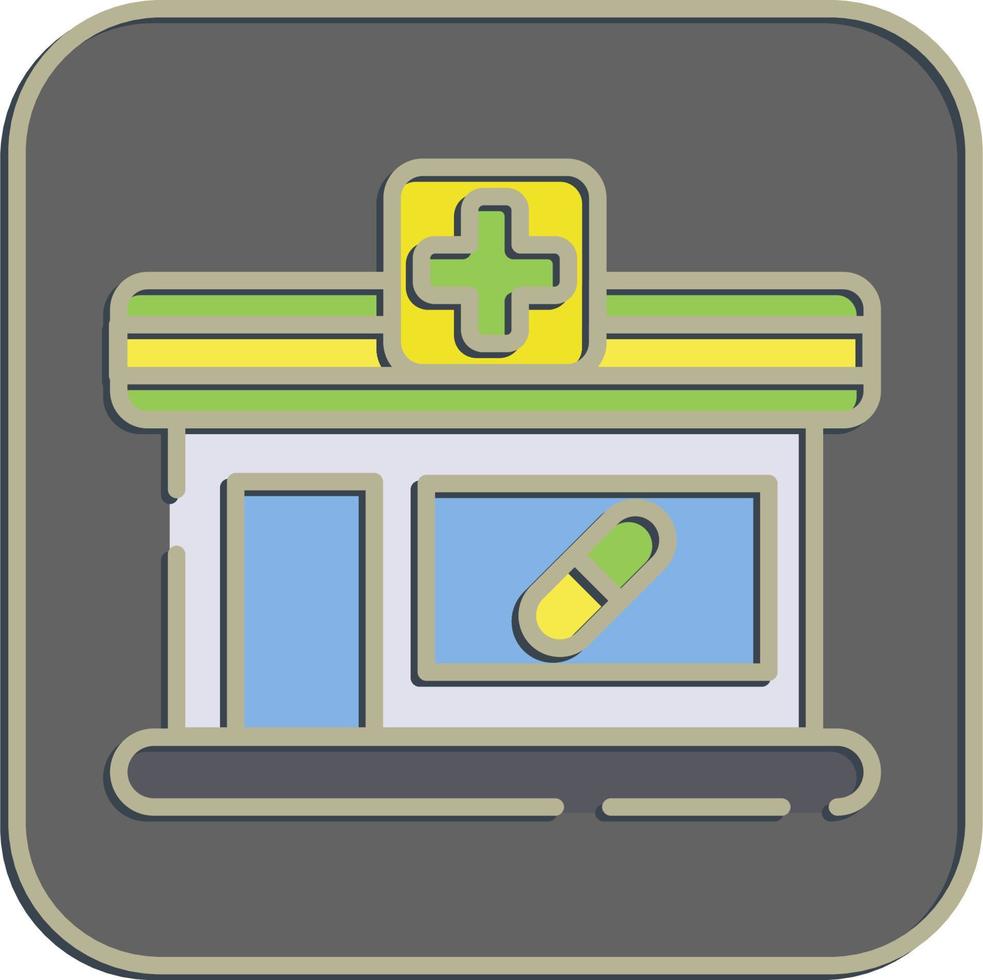 icono farmacia. edificio elementos. íconos en en relieve estilo. bueno para huellas dactilares, web, carteles, logo, sitio plan, mapa, infografía, etc. vector