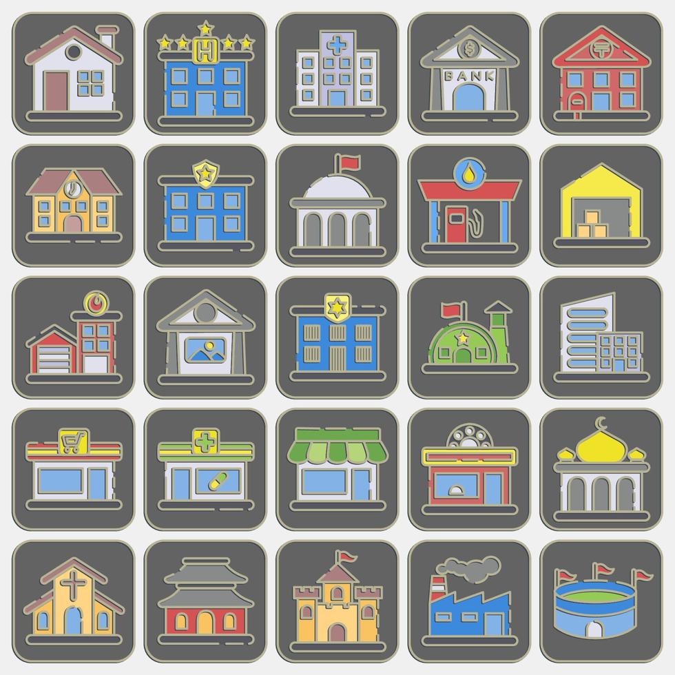 icono conjunto de edificio. edificio elementos. íconos en en relieve estilo. bueno para huellas dactilares, web, carteles, logo, sitio plan, mapa, infografía, etc. vector