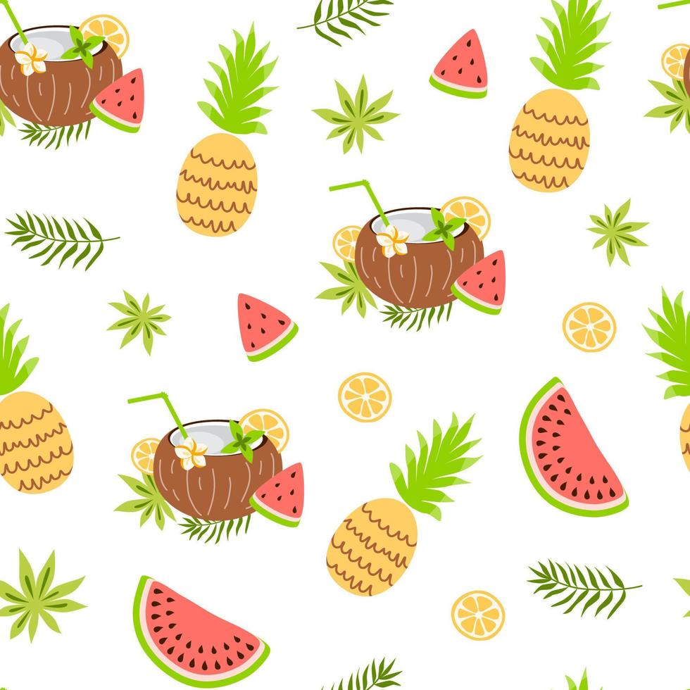 Exotic fruit seamless pattern. Summer tropical fruits background. Coconut, watermelon, pineapple, jungle leaves. Summer fresh fruits textile design wrapping paper cover,wallpaper. Vector illustration.