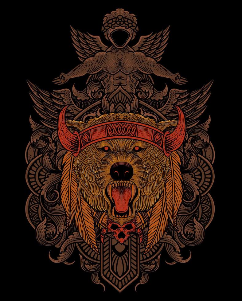 ilustración de tribal oso cabeza con Clásico grabado ornamento en espalda Perfecto para tu negocio y mercancías vector