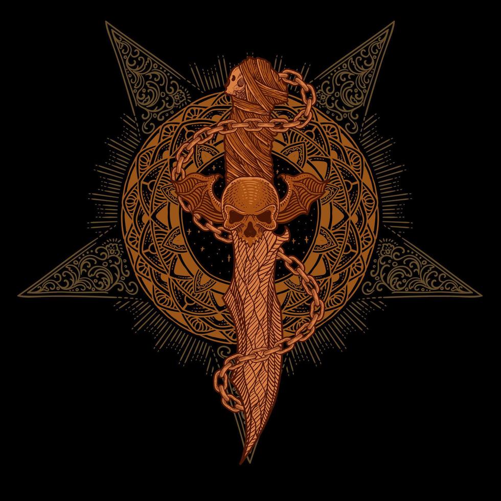 ilustración demonio cuchillo con Clásico grabado ornamento en el espalda Perfecto para tu negocio y mercancías vector