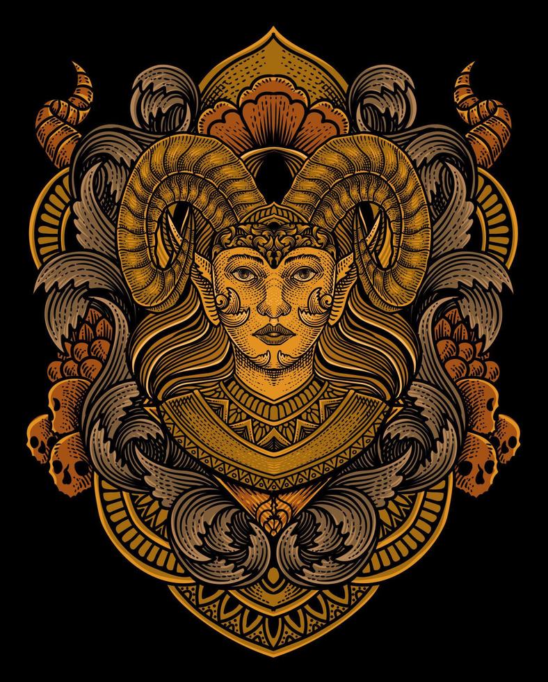 Vector illustration. beautiful demon girl with vintage engraving ornament style perfect for your business and T shirt merchandise