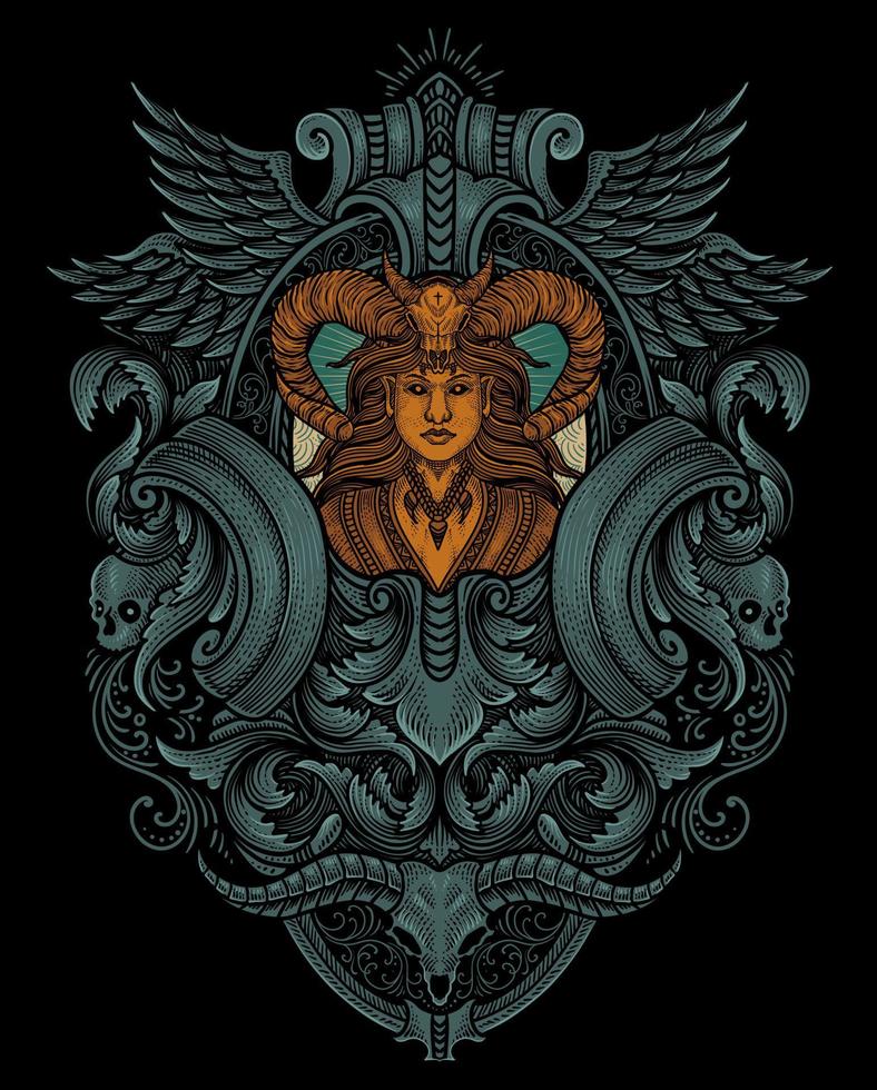 vector ilustración. hermosa demonio niña con Clásico grabado ornamento estilo Perfecto para tu negocio y t camisa mercancías