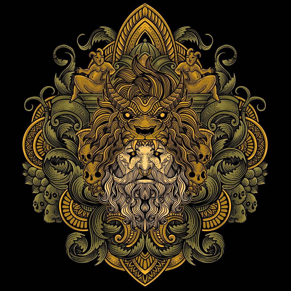 ilustración de tribal barbado hombre con león sombrero Clásico grabado ornamento en espalda Perfecto para tu negocio y mercancías vector