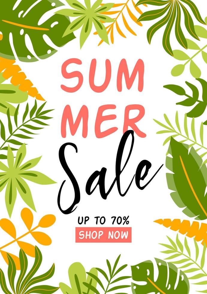 Summer sale banner. Summer background with tropical leaves. Green tropic botany jungle card template. Discount event. Summer offer up to 70 off summer sale. Cute graphic design. Vector illustration.