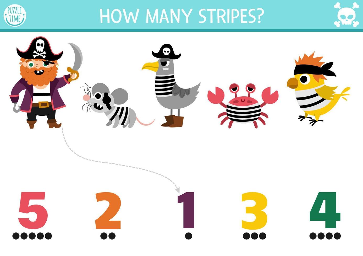 Match the numbers pirate game with animals in striped shirts. Treasure island hunt math activity for preschool kids. Sea adventures educational printable counting worksheet vector
