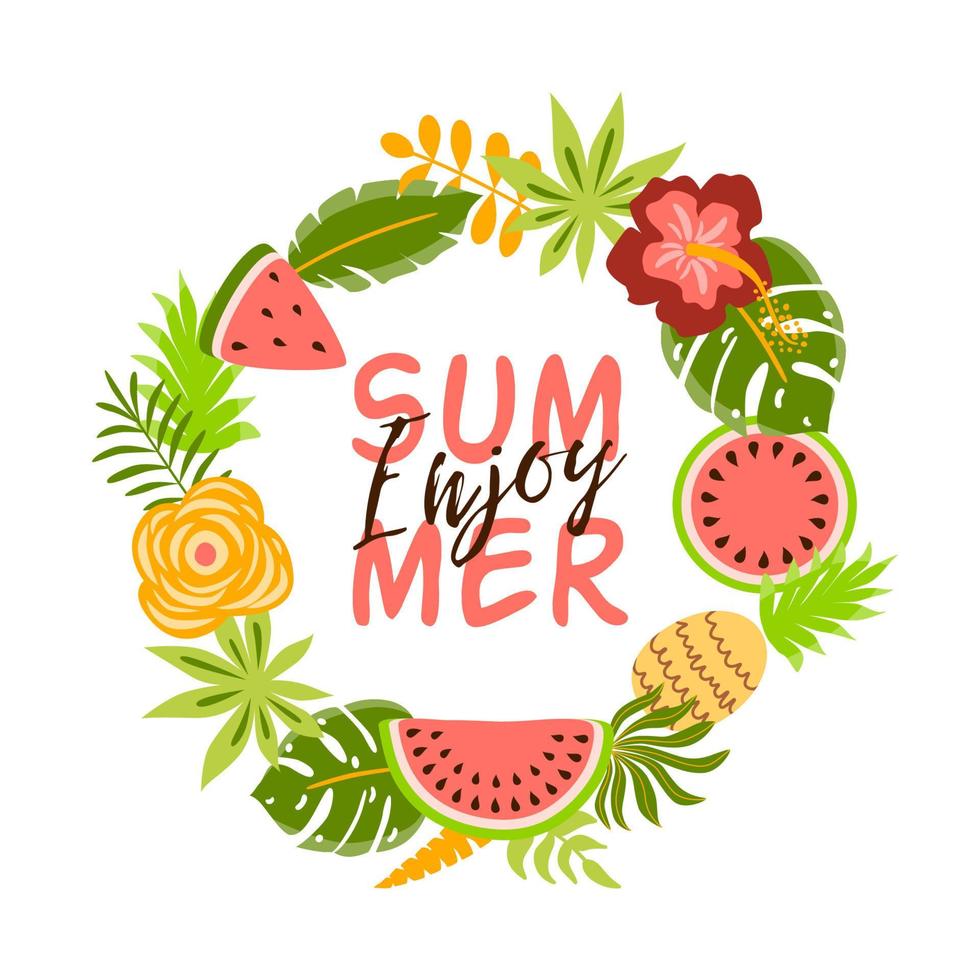 Enjoy summer Cute summer banner with tropical fruits, watermelon, pineapple, flowers palm leaves watermelon slice Decorative fruit wreath. Summer element. Bright vector illustration isolated on white.