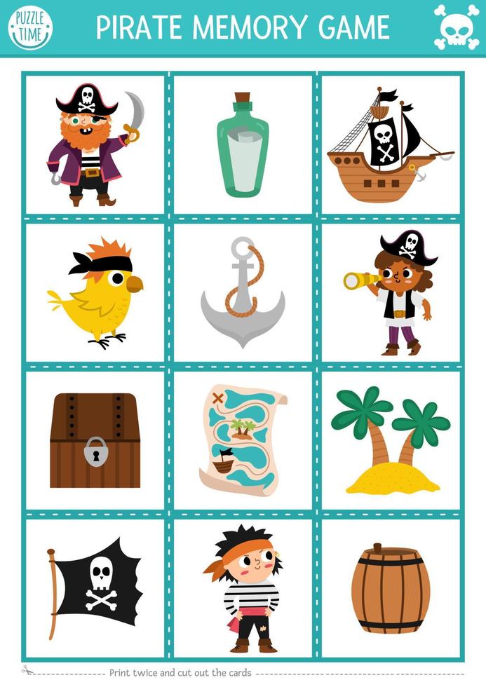 Vector pirate memory game cards with cute traditional treasure island symbols. Sea adventure matching activity. Remember and find correct card. Simple printable worksheet for kids
