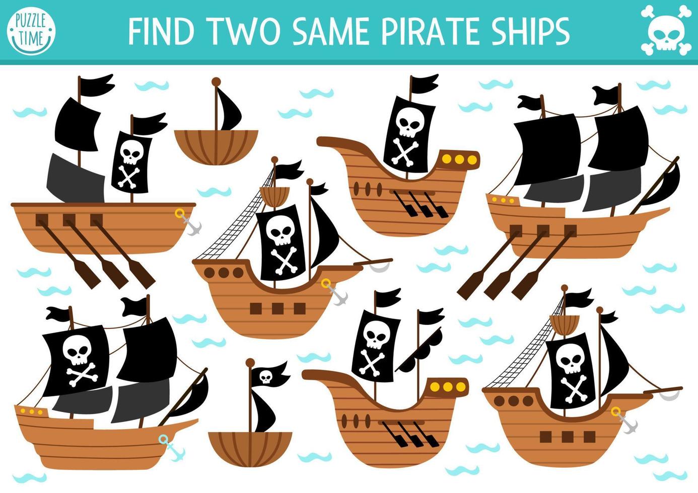 Find two same pirate ships. Treasure island matching activity for children. Sea adventures educational quiz worksheet for kids for attention skills. Simple printable game with cute boats vector