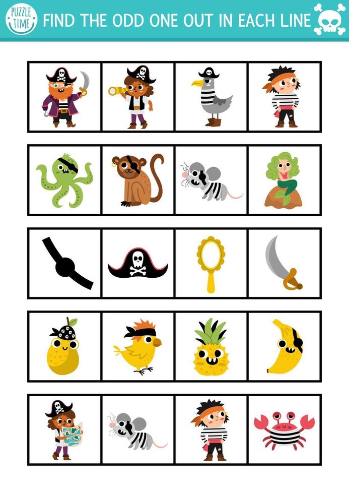 Find the odd one out. Pirate logical activity for children. Treasure island educational quiz worksheet for kids for attention skills. Simple sea adventure printable game with cute characters vector