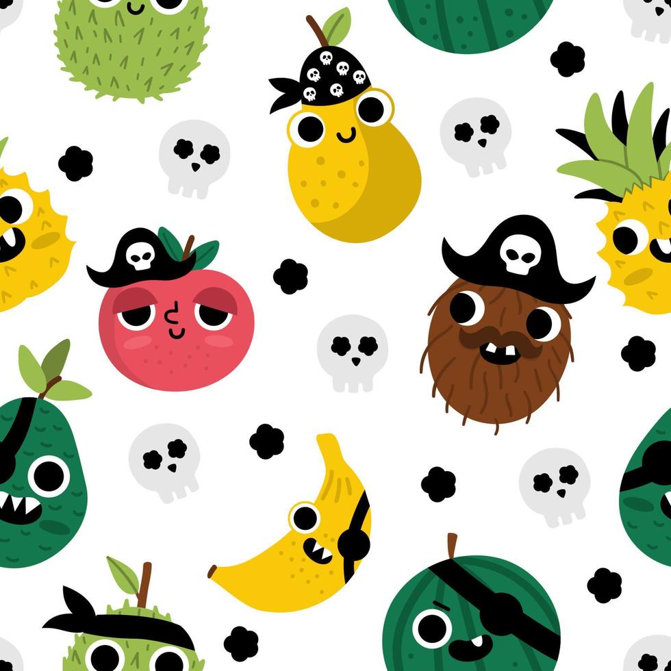 Vector funny kawaii fruit seamless pattern. Pirate fruits repeating background. Comic digital paper with plants with eyes, pirate hat, eye patch, and mouth. Healthy summer food texture