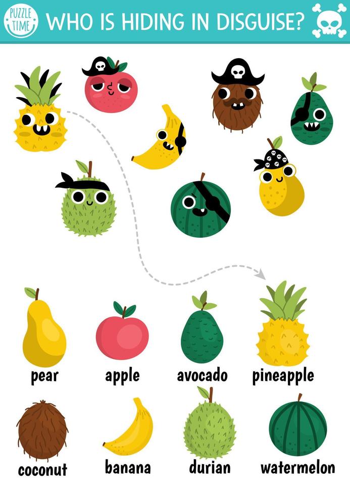 Pirate fruit hide and seek game. Treasure island hunt matching activity for kids. Sea adventures seek and find worksheet. Simple printable game with cute kawaii plants. Who is hiding in disguise vector