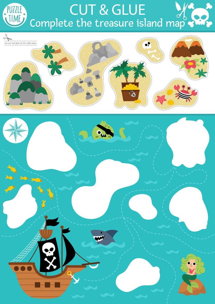 vector pirata cortar y pegamento actividad. elaboración juego con linda isla mapa y mar paisaje. divertido tesoro cazar imprimible hoja de cálculo para niños. encontrar el Derecha pedazo de el rompecabezas. completar el imagen