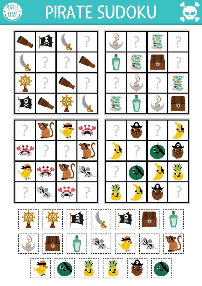 Vector pirate sudoku puzzle for kids with pictures. Simple treasure island quiz with cut and glue elements. Education activity or coloring page. Draw missing objects