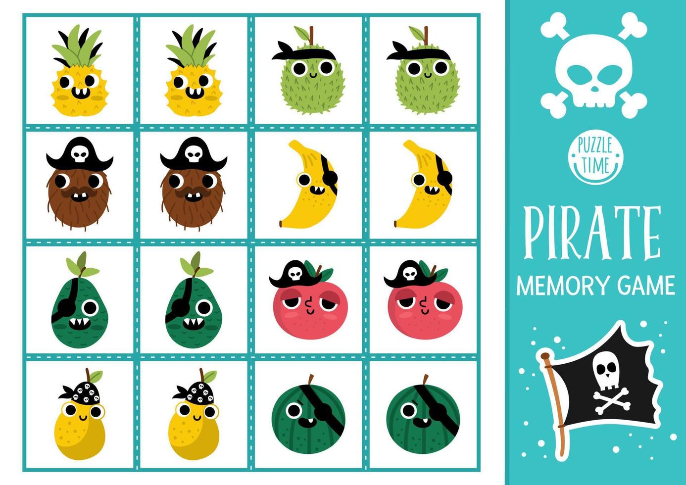 Vector pirate memory game cards with cute kawaii fruit. Sea adventure matching activity. Treasure island remember and find correct card. Simple printable worksheet for kids