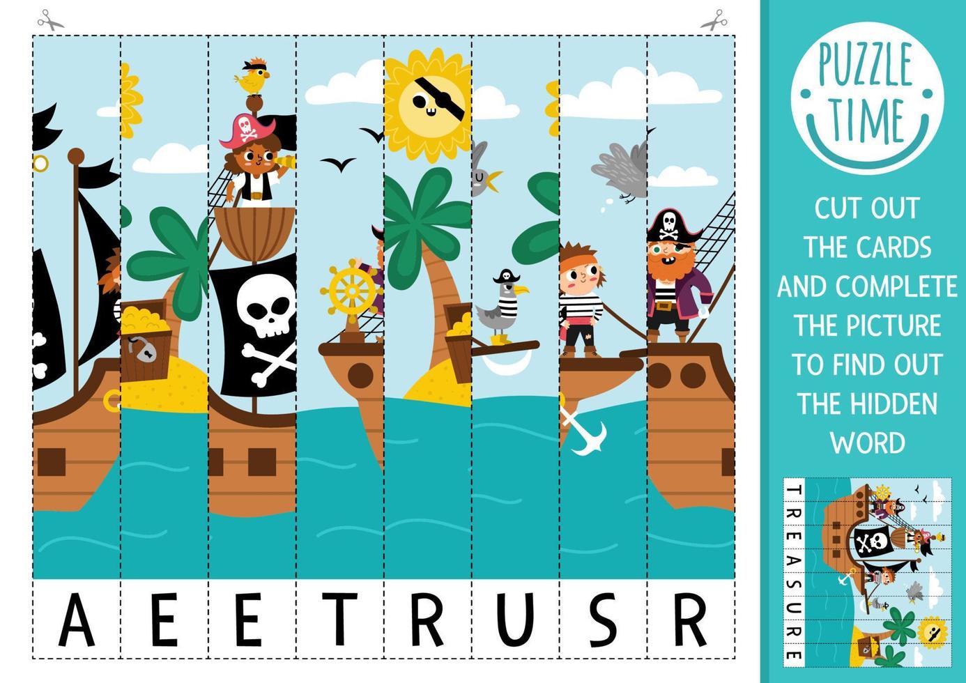 vector pirata revuelto fotografía. cortar y pegamento actividad con oculto palabra. tesoro isla elaboración juego con linda marina escena con barco. divertido mar aventuras imprimible hoja de cálculo para niños