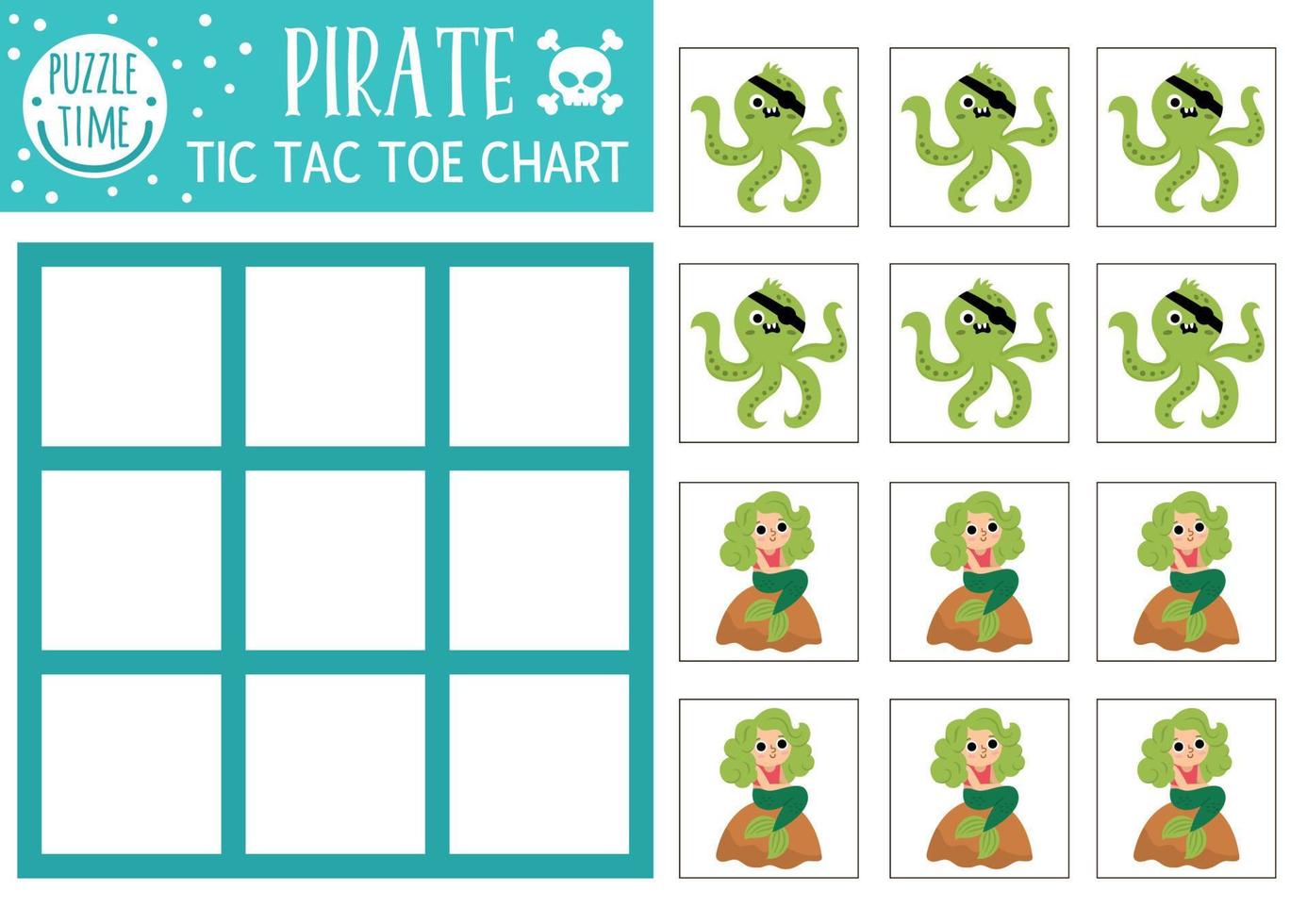 vector tesoro isla tic tac dedo del pie gráfico con pirata pulpo, sirena. mar aventuras tablero juego jugando campo con linda caracteres. gracioso imprimible hoja de cálculo. ceros y cruces cuadrícula