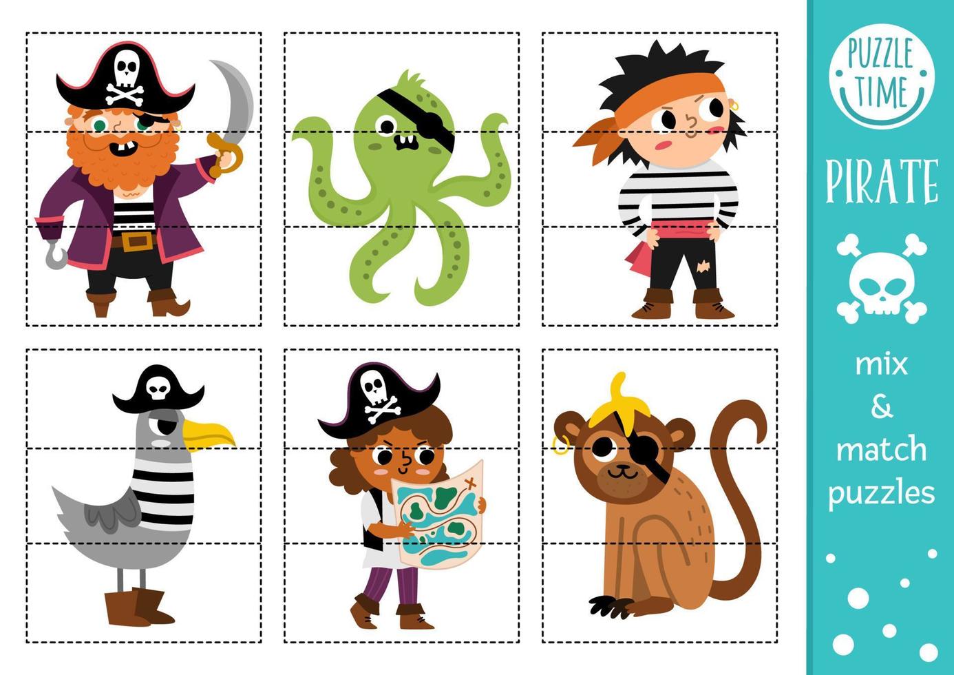 Vector pirate mix and match puzzle with cute characters. Matching treasure island activity for preschool kids. Educational sea adventure printable game with sailor, octopus, monkey, seagull.