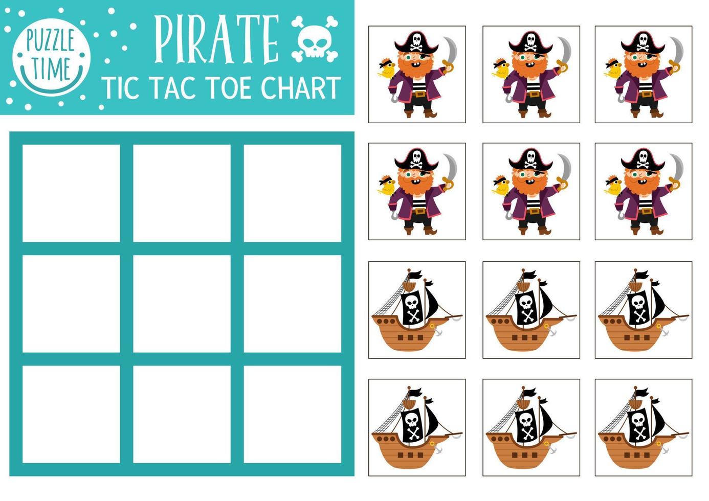 Vector treasure island tic tac toe chart with pirate and ship. Sea adventures board game playing field with cute characters. Funny marine printable worksheet. Noughts and crosses grid