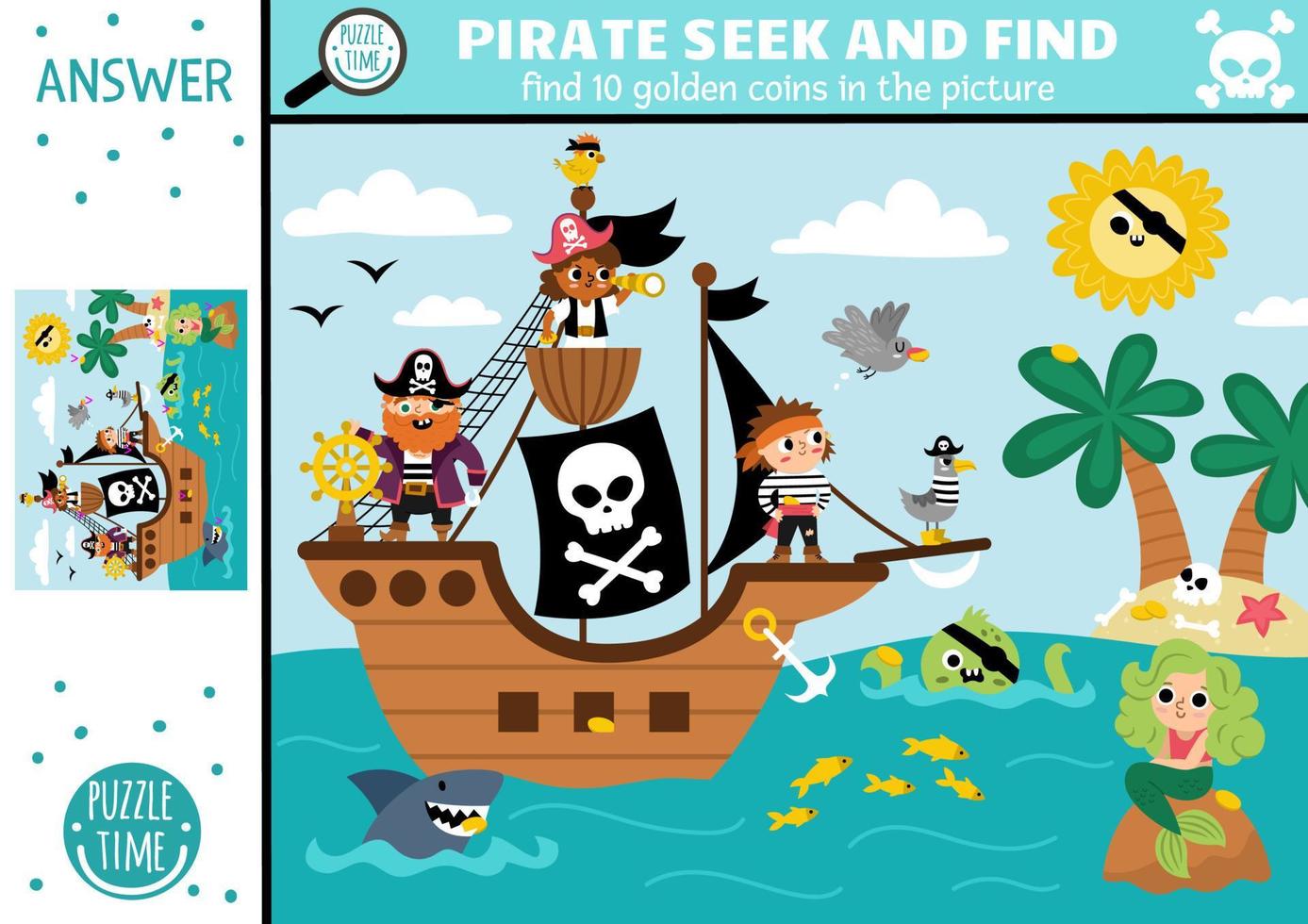 Vector pirate searching game with sea landscape. Spot hidden coins in the picture. Simple treasure island seek and find educational printable activity for kids. Sea adventures treasure hunt
