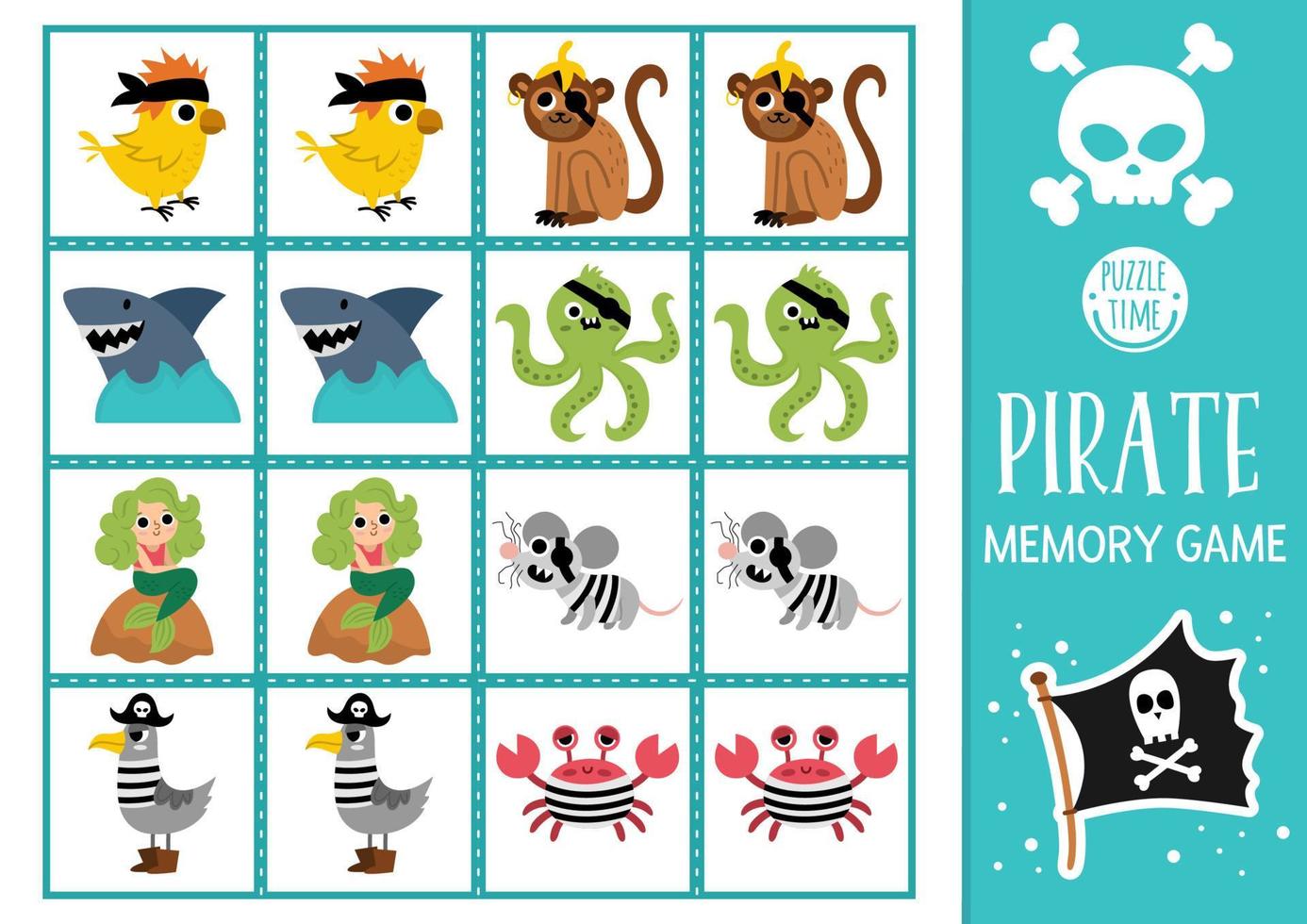 Vector pirate memory game cards with cute animals. Sea adventure matching activity. Treasure island remember and find correct card. Simple printable worksheet for kids with parrot, octopus