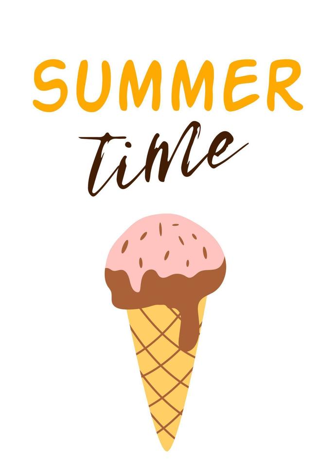 Ice cream cone. Text summer time poster. Cute summer vacation label isolated on white. Chocolate ice cream in waffle cone. Hand drawn doodle graphic element for print, card. Vector illustration.