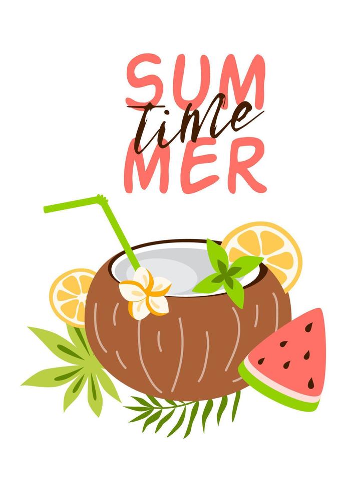 Coconut juice exotic fresh cocktail in fruit. Watermelon, lemon, plumeria, mint leaf, tropical palm concept. Text Summer time. Beach party poster. Summer paradise vacation resort. Vector illustration.