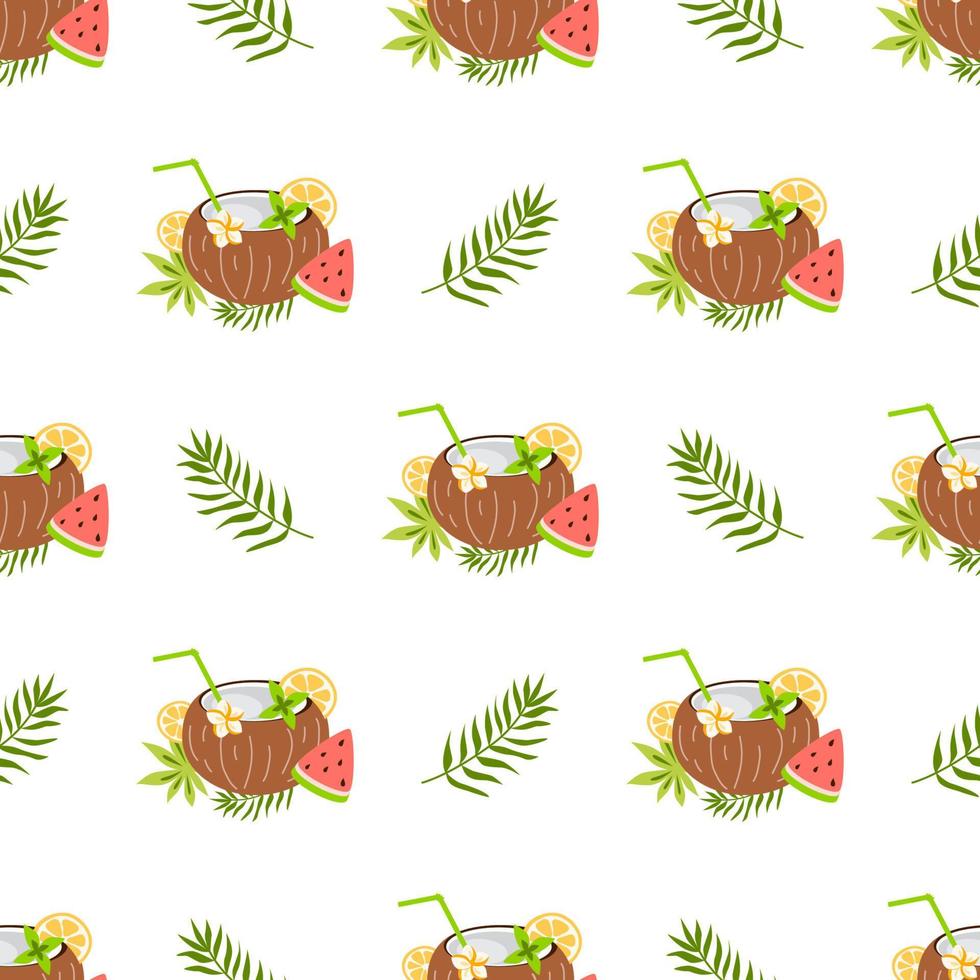 exótico Fruta sin costura modelo. verano tropical frutas antecedentes. Coco, sandía, tropical selva hojas. verano Fresco frutas textil diseño envase papel portada, fondo de pantalla. vector ilustración.