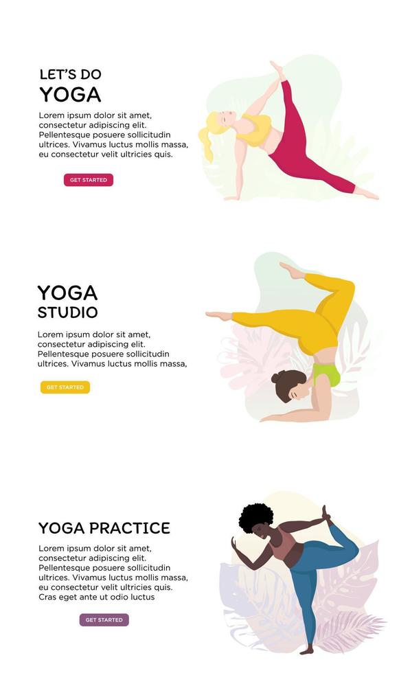 Set with yoga and healthy lifestyle sports and body positive concept.Young happy oversized women in yoga position. For Mobile App Page or Website banner yoga classes vector