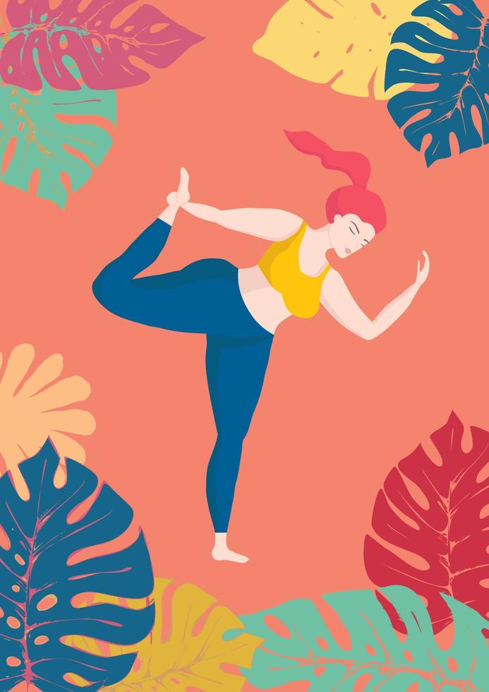 Happy european an oversized woman in yoga position on tropical monstera background. Sports and health body positive concept for postcard, yoga classes t-shirt active lifestyle vector