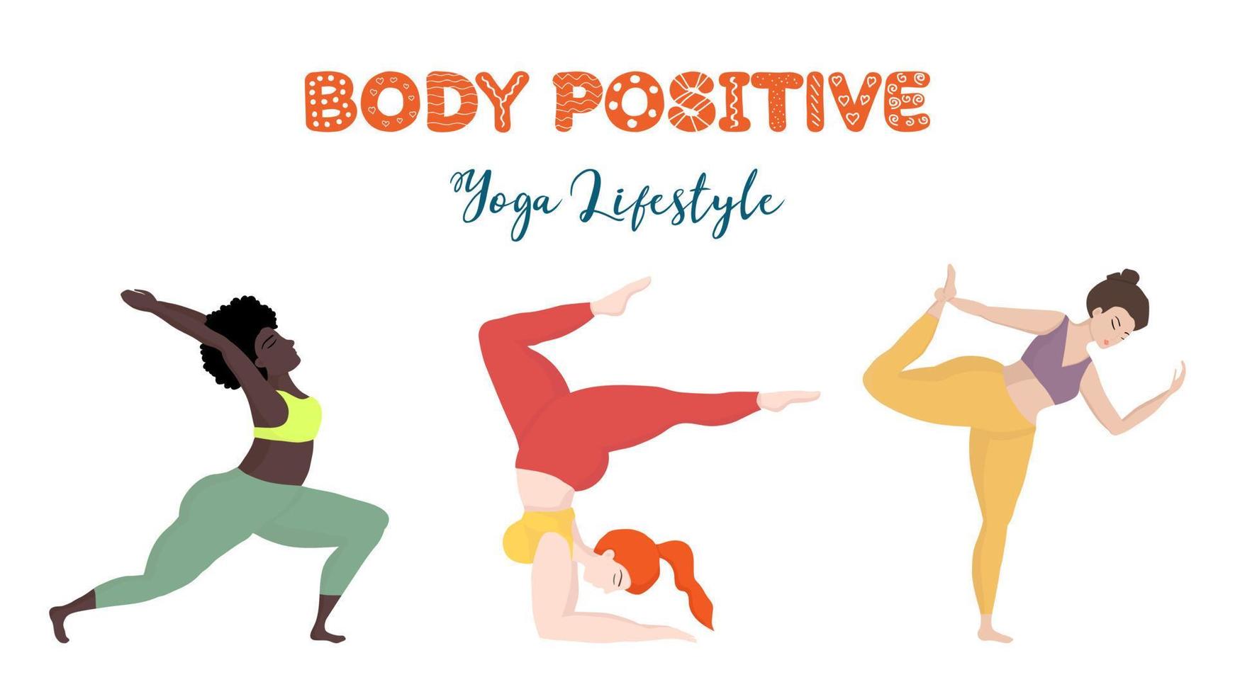 Vector banner or screen template for school website or yoga studio with 3 plus size women in yoga positions. Sports and health body positive concept. Bright banner with yoga practicing lifestyle