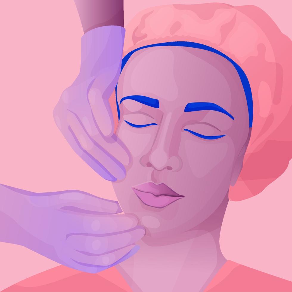 vector ilustración de un mujer haciendo cosmético procedimientos. facial inyecciones y el plastico cirugía. facial masaje en de moda degradado estilo.