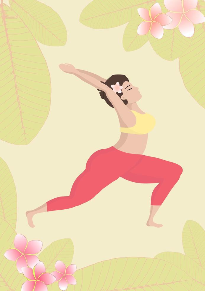 Vector illustration with happy asian an oversized woman in yoga position on tropical exotic background. Sports and health body positive concept for postcard, yoga classes t-shirt active lifestyle