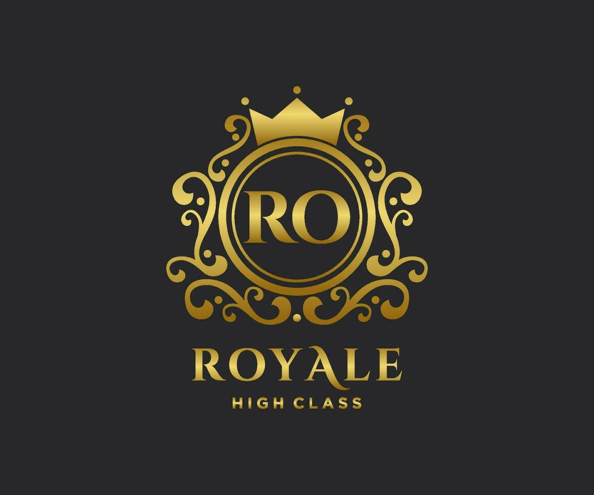 Golden Letter RO template logo Luxury gold letter with crown. Monogram alphabet . Beautiful royal initials letter. vector