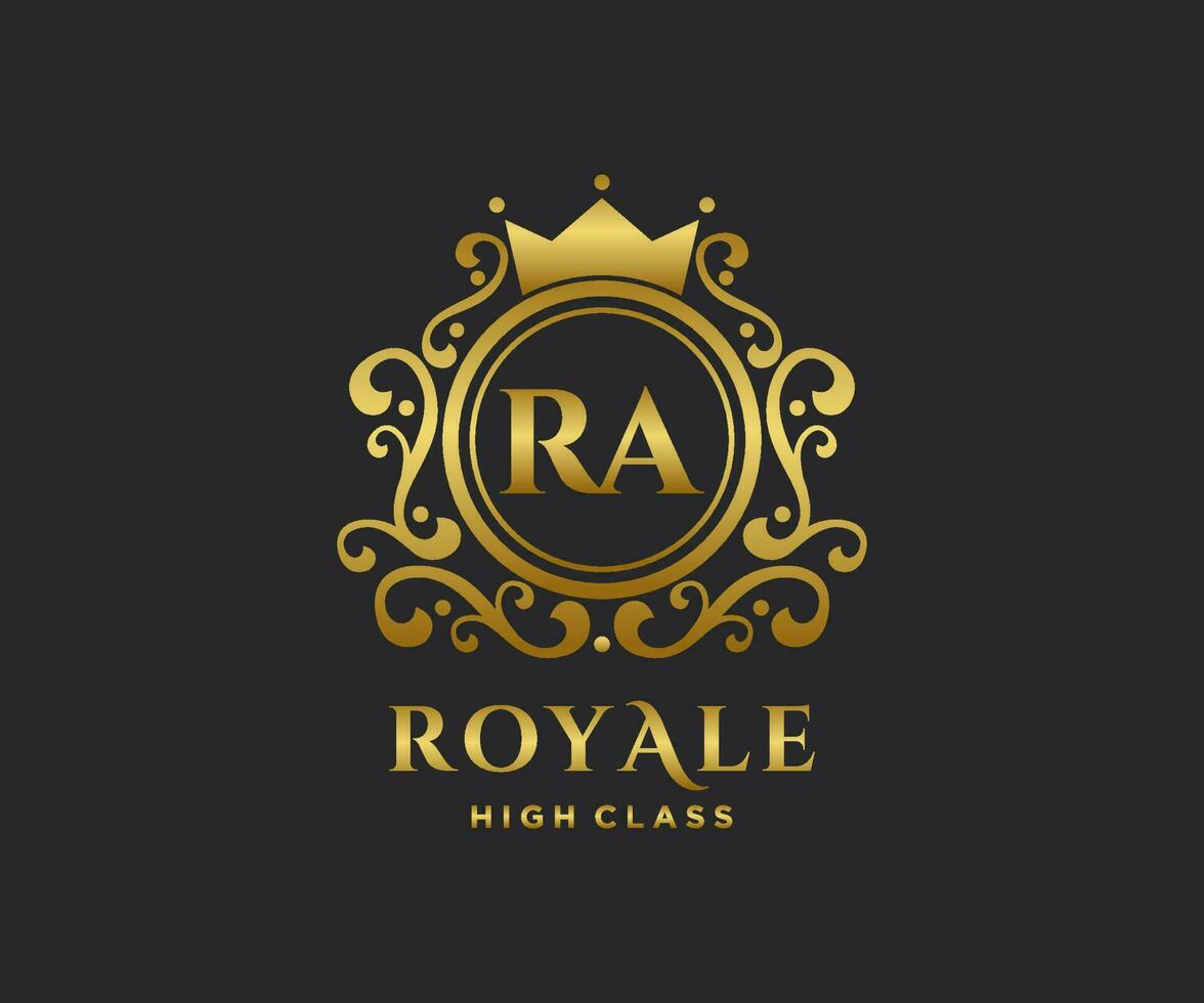 Golden Letter RA template logo Luxury gold letter with crown. Monogram alphabet . Beautiful royal initials letter. vector