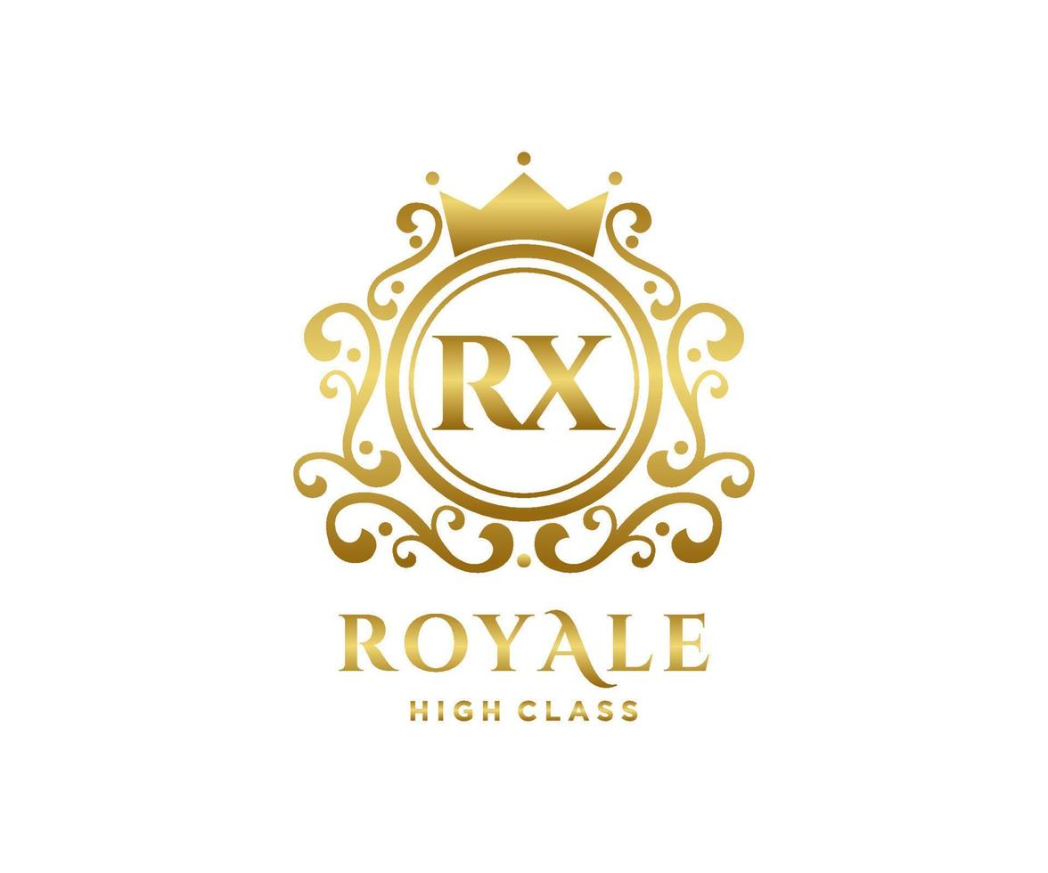 Golden Letter RX template logo Luxury gold letter with crown. Monogram alphabet . Beautiful royal initials letter. vector