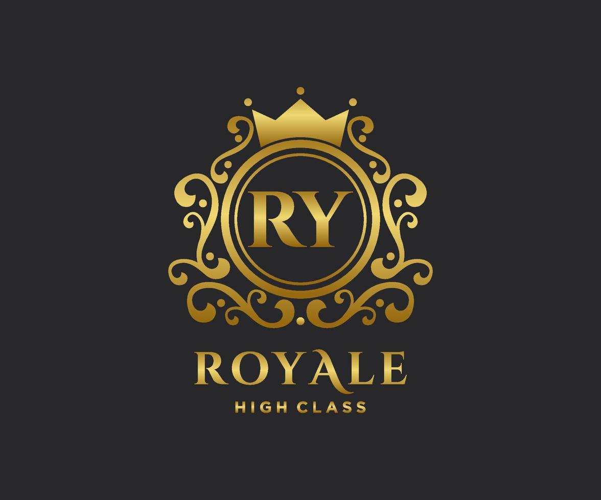 Golden Letter RY template logo Luxury gold letter with crown. Monogram alphabet . Beautiful royal initials letter. vector