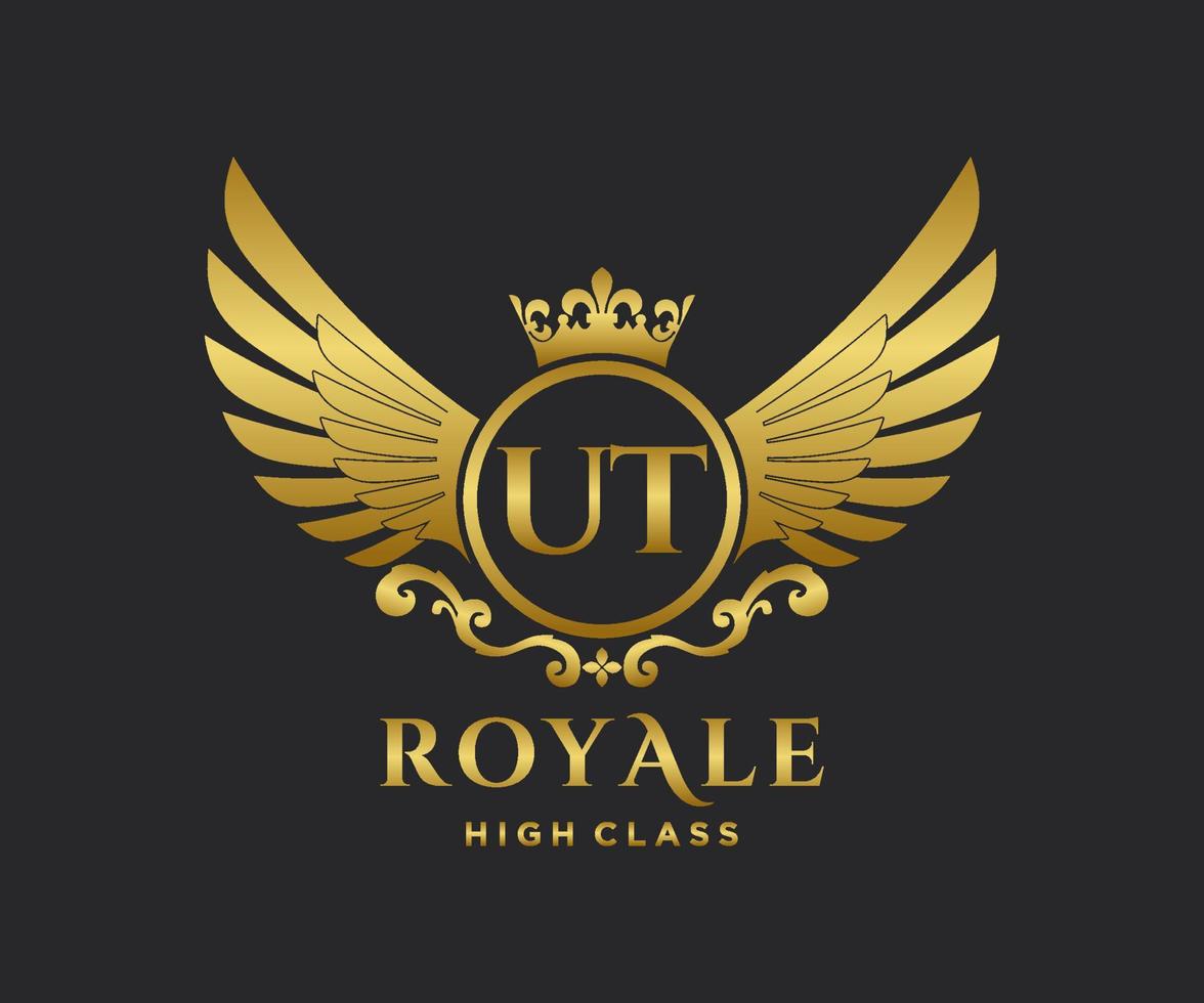 Golden Letter UT template logo Luxury gold letter with crown. Monogram alphabet . Beautiful royal initials letter. vector