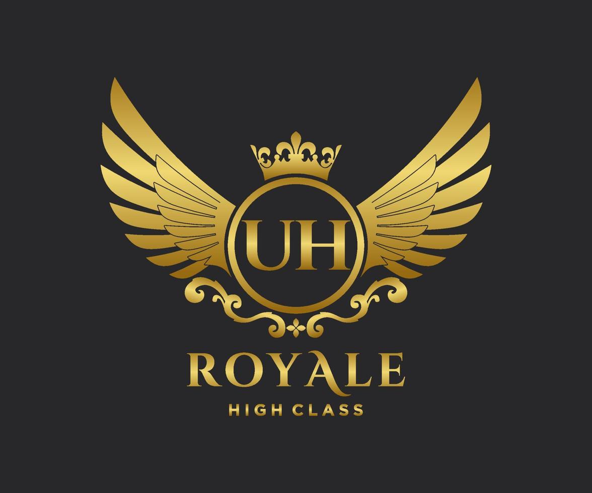 Golden Letter UH template logo Luxury gold letter with crown. Monogram alphabet . Beautiful royal initials letter. vector