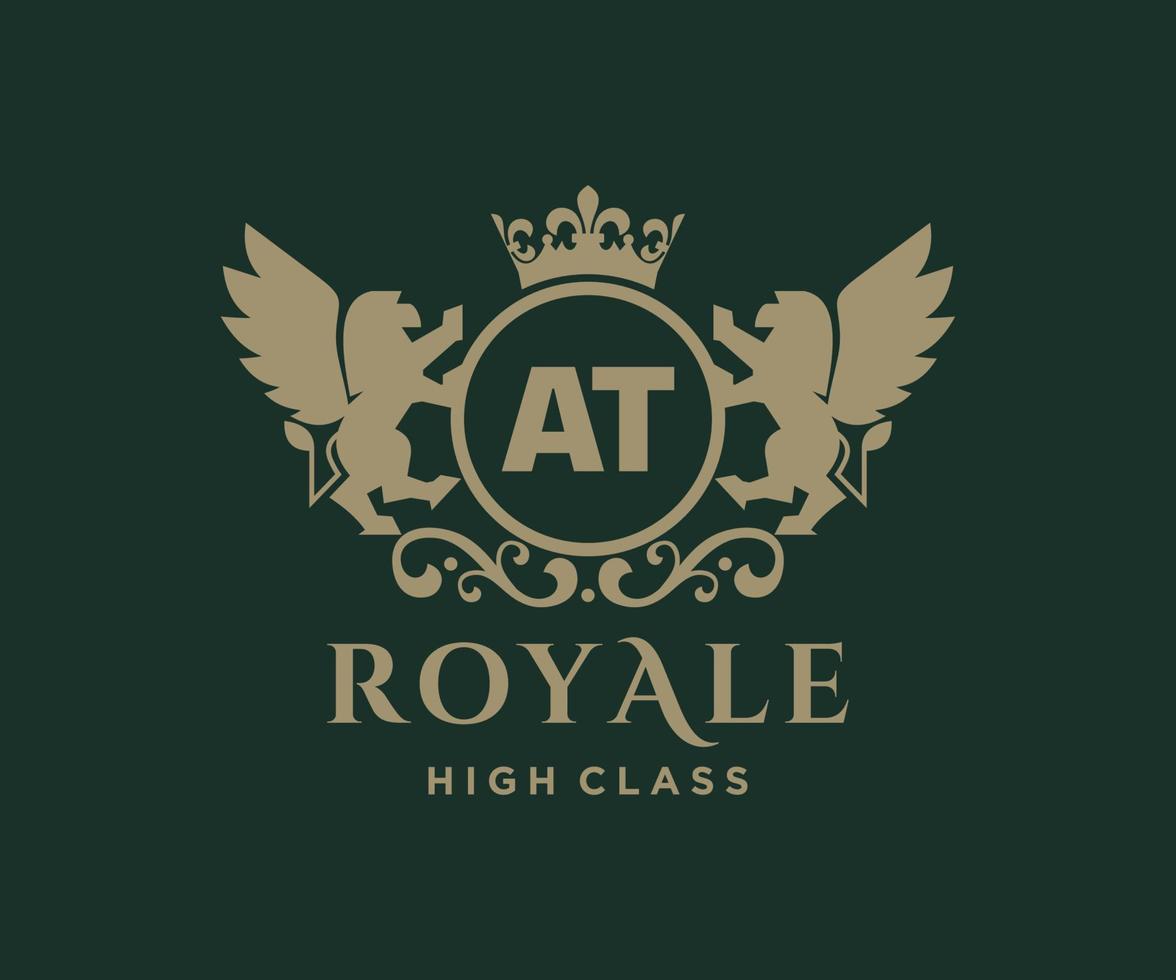 Golden Letter AT template logo Luxury gold letter with crown. Monogram alphabet . Beautiful royal initials letter. vector