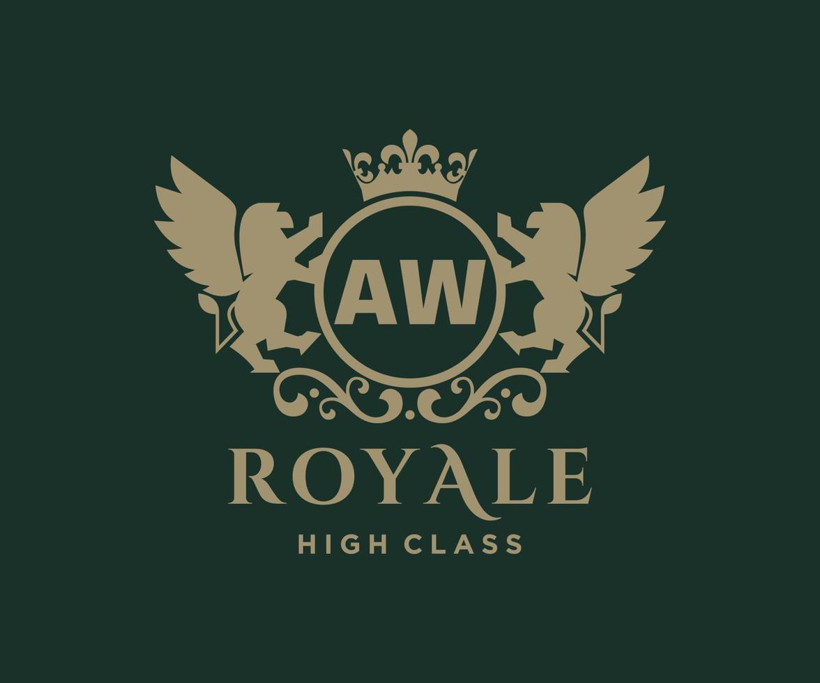Golden Letter AW template logo Luxury gold letter with crown. Monogram alphabet . Beautiful royal initials letter. vector