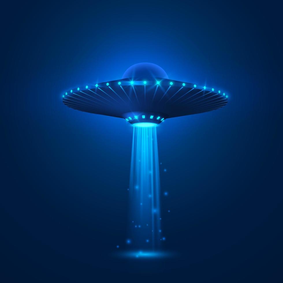 UFO with ray of light fly in night sky. alien invasion. Sci-fi concept. Vector illustration