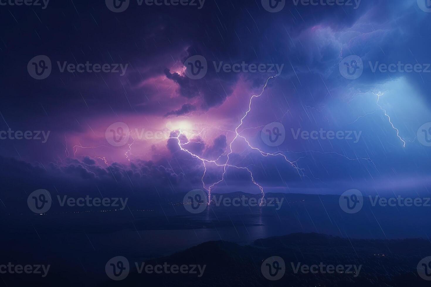 Detailed image of a night thunderstorm over a coastal city. . photo