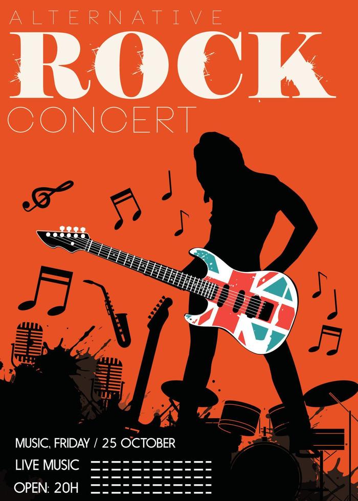 rock concierto póster silueta salpicaduras grunge decoración vector