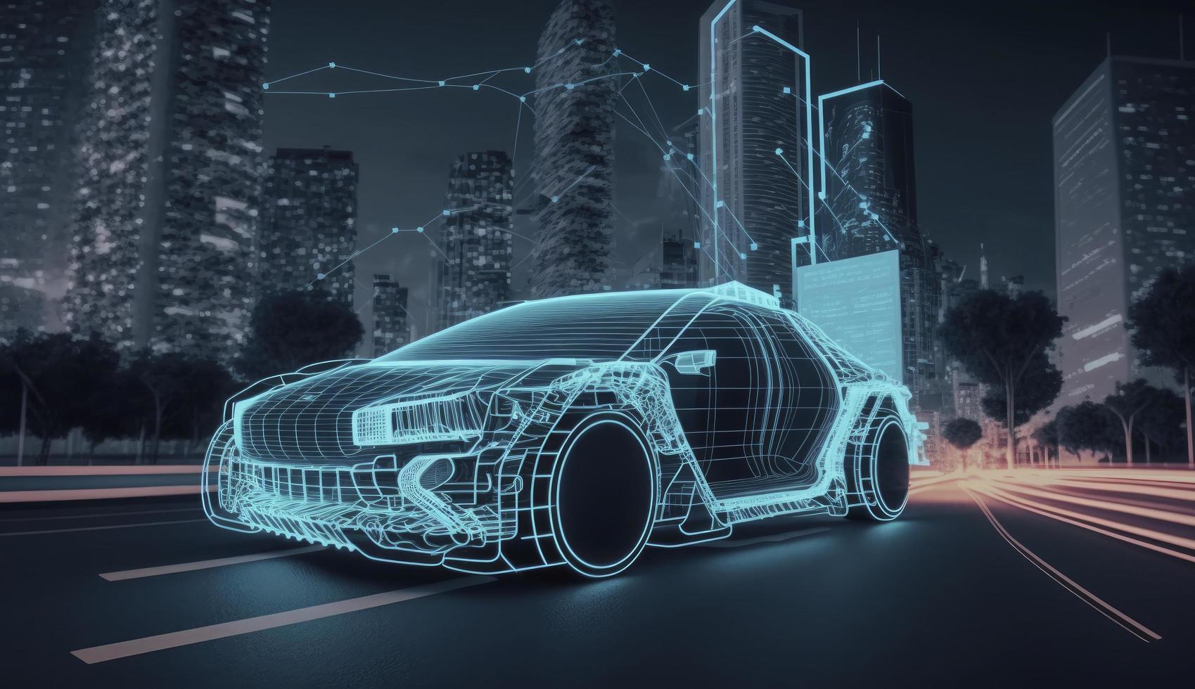 Augmented reality of wireframe car concept on the road and futuristic city on the background. Professional 3d rendering of own designed generic non existing car model, Generate Ai photo