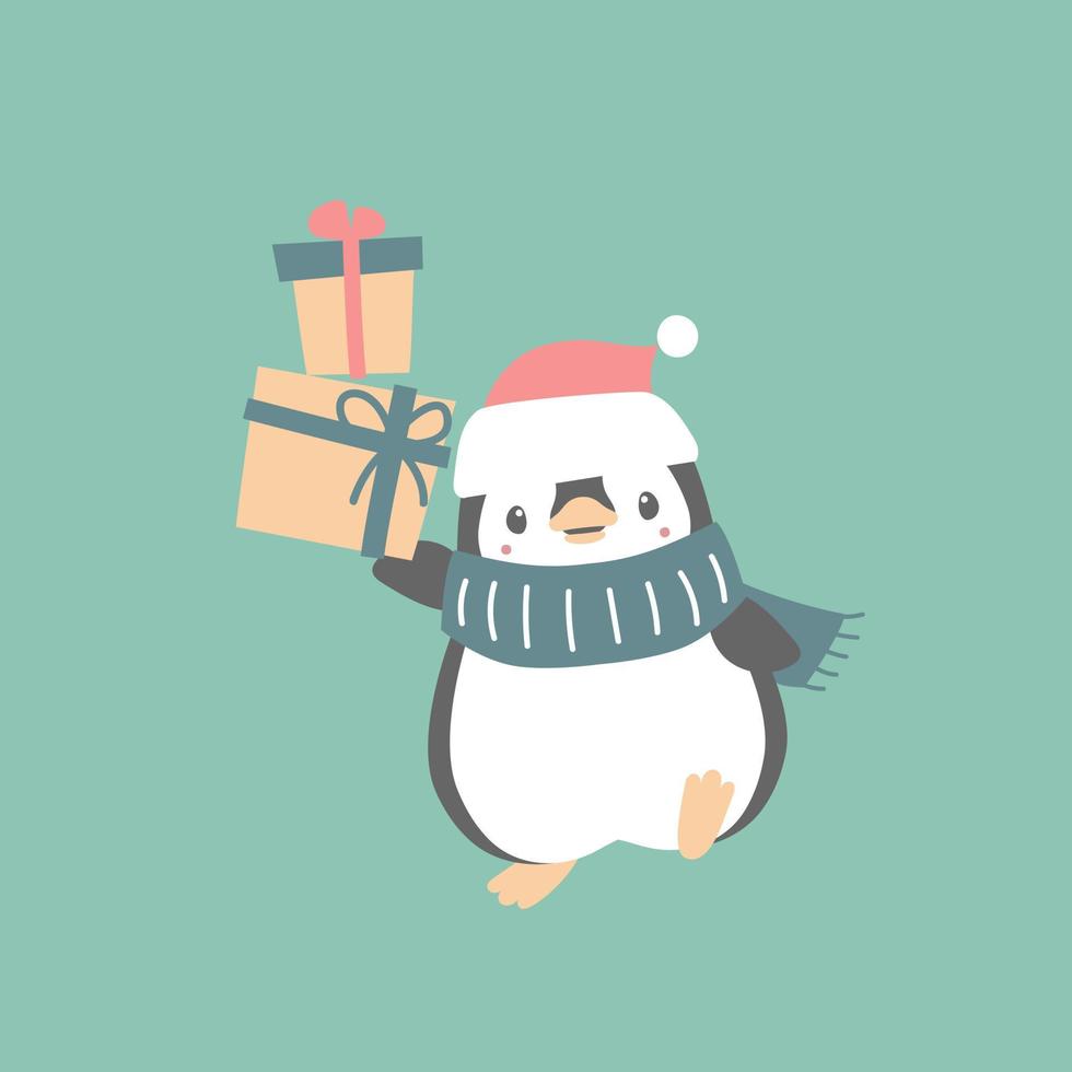 feliz navidad y feliz año nuevo con pingüino en la temporada de invierno fondo verde, ilustración de vector plano diseño de vestuario de personaje de dibujos animados