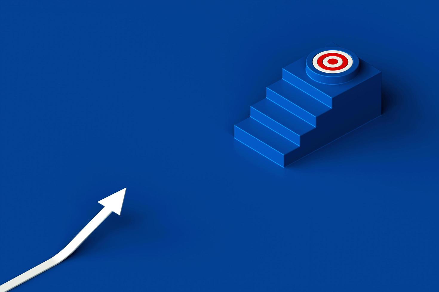 White arrow pointing up stair with target sign at the top. business way, stand out from the crowd, business strategy and target achievement concept. 3d rendering photo